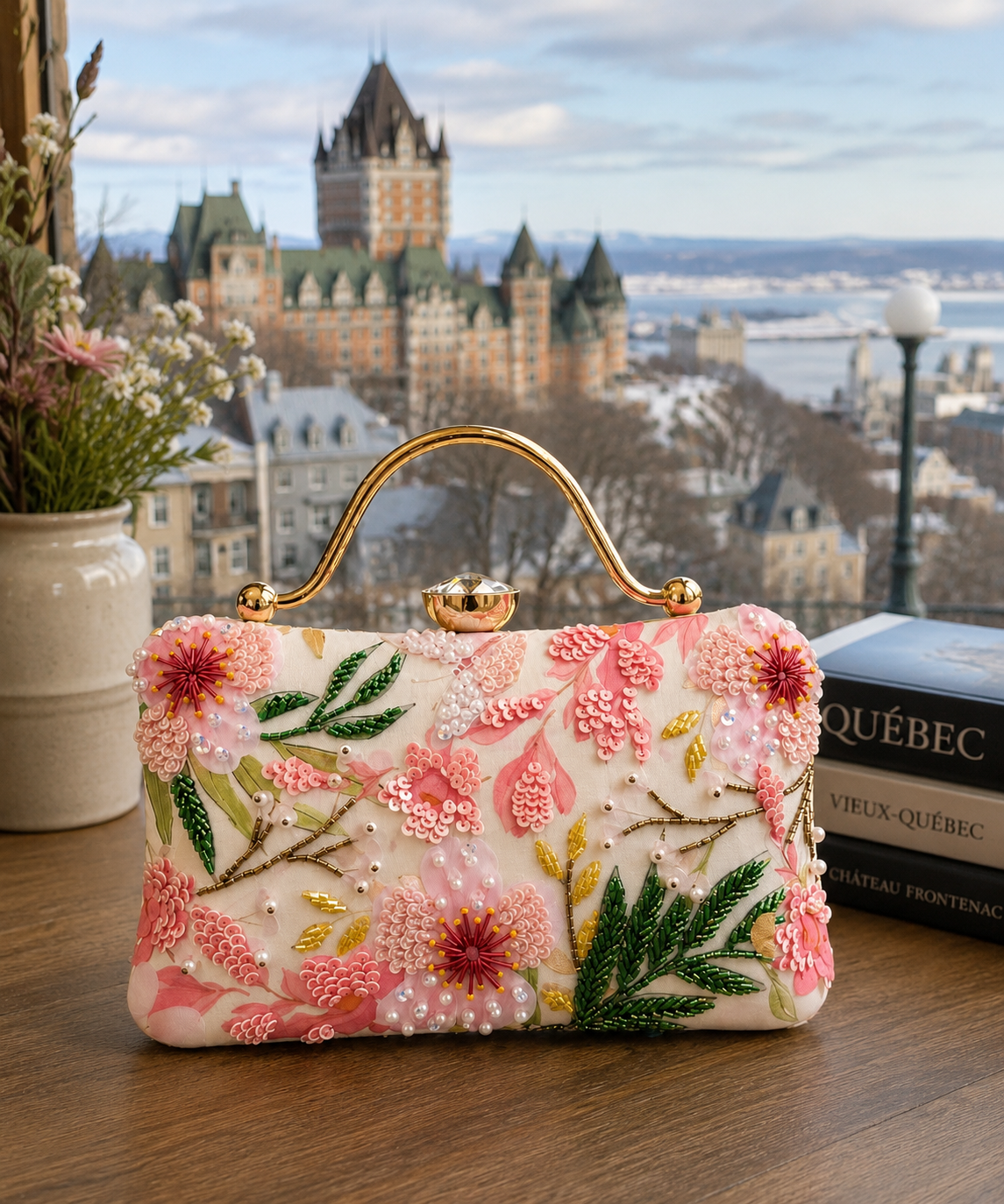 Pochette florale brodée à la main rose et blanche avec poignée dorée – Maison Fiorella Québec