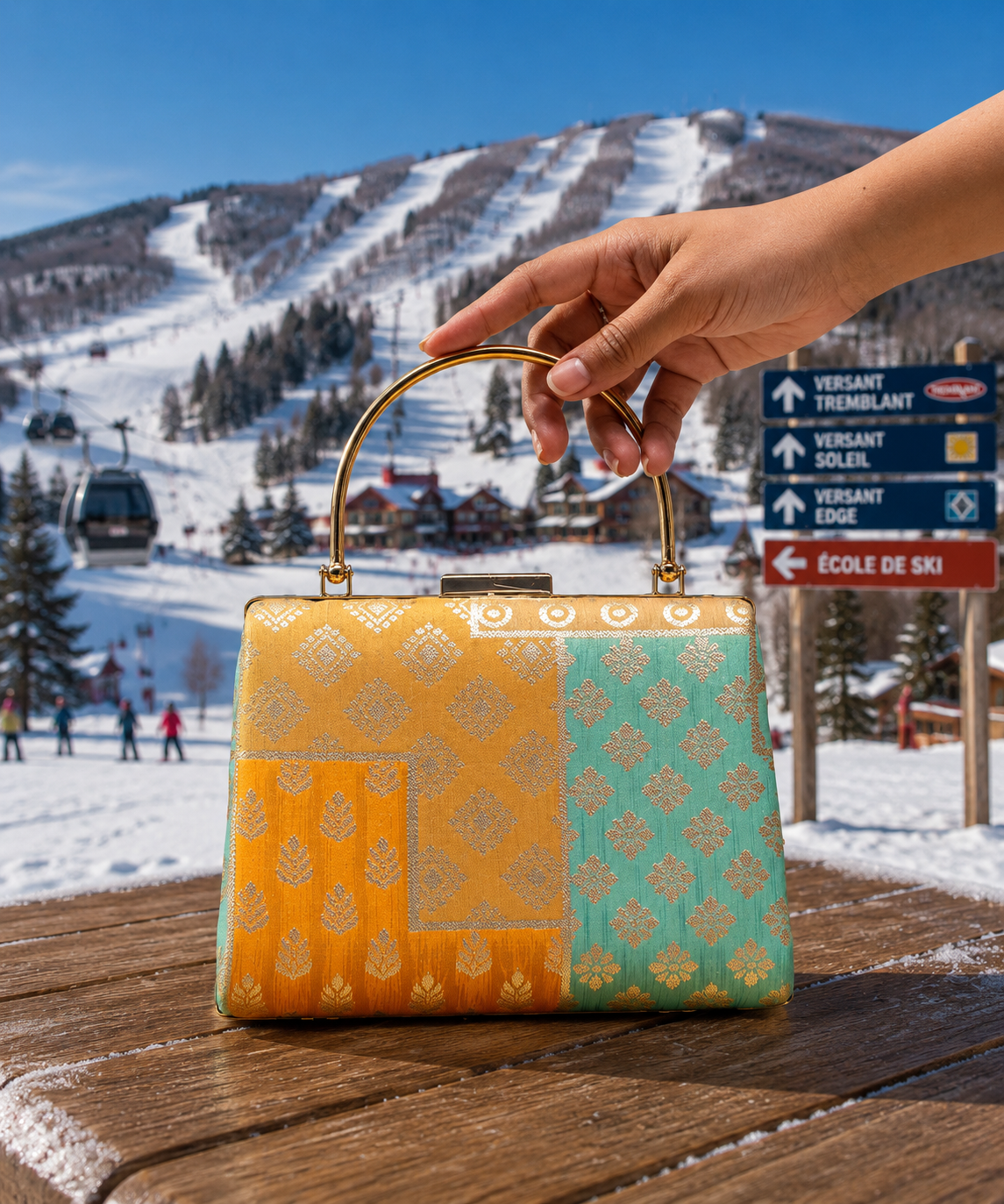 Sac à main jacquard jaune et turquoise avec poignée dorée photographié dans une station de ski du Québec – Maison Fiorella